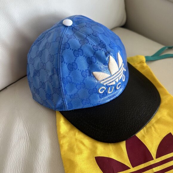 NEW Gucci x Adidas GG LOGO Supreme Baseball Cap Hat Blue Black Canvas Unisex XS main image 7